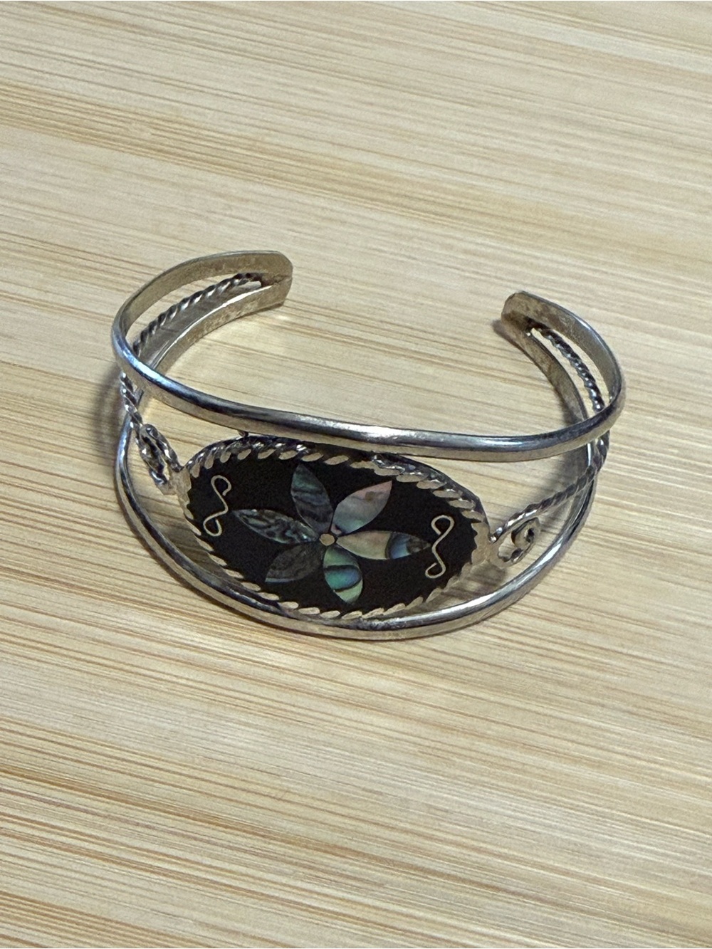 Vintage Alpaca Mexico Abalone Inlay Flower Cuff
